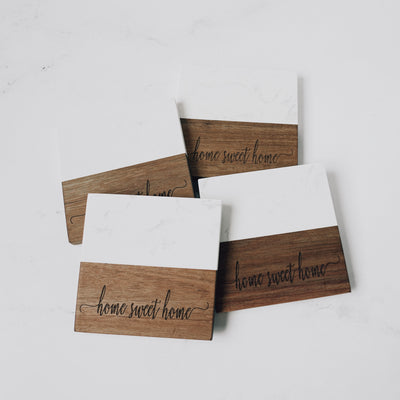 Real Estate closing gift, Marble and Acacia Wood Coasters with Home Sweet Home Design, design choice 4