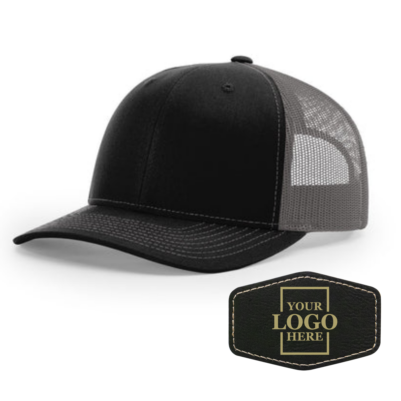 Realtor branded black and charcoal trucker snapback hat with a black hex patch with gold engraving