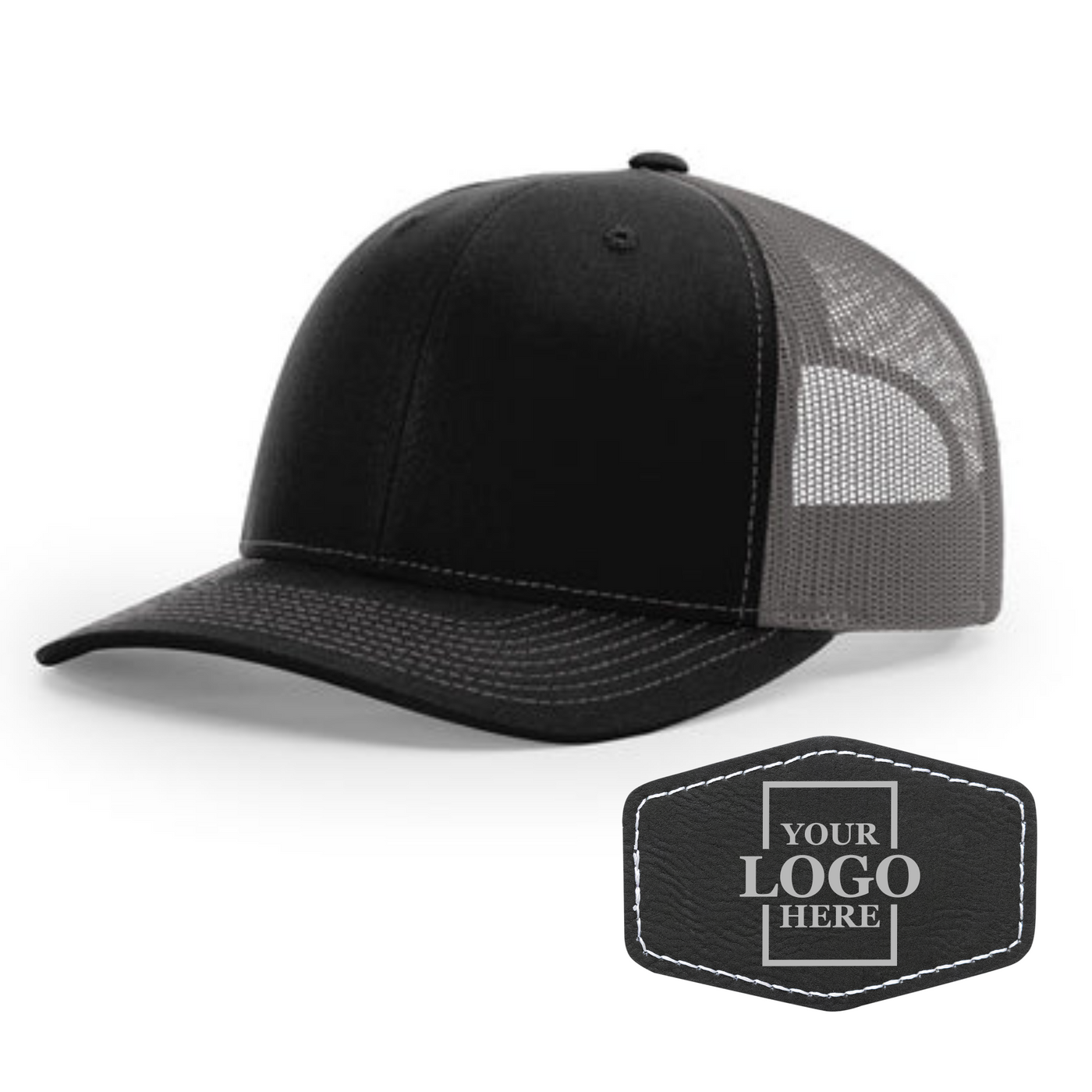 Realtor branded black and charcoal trucker snapback hat with a black hex patch with silver engraving