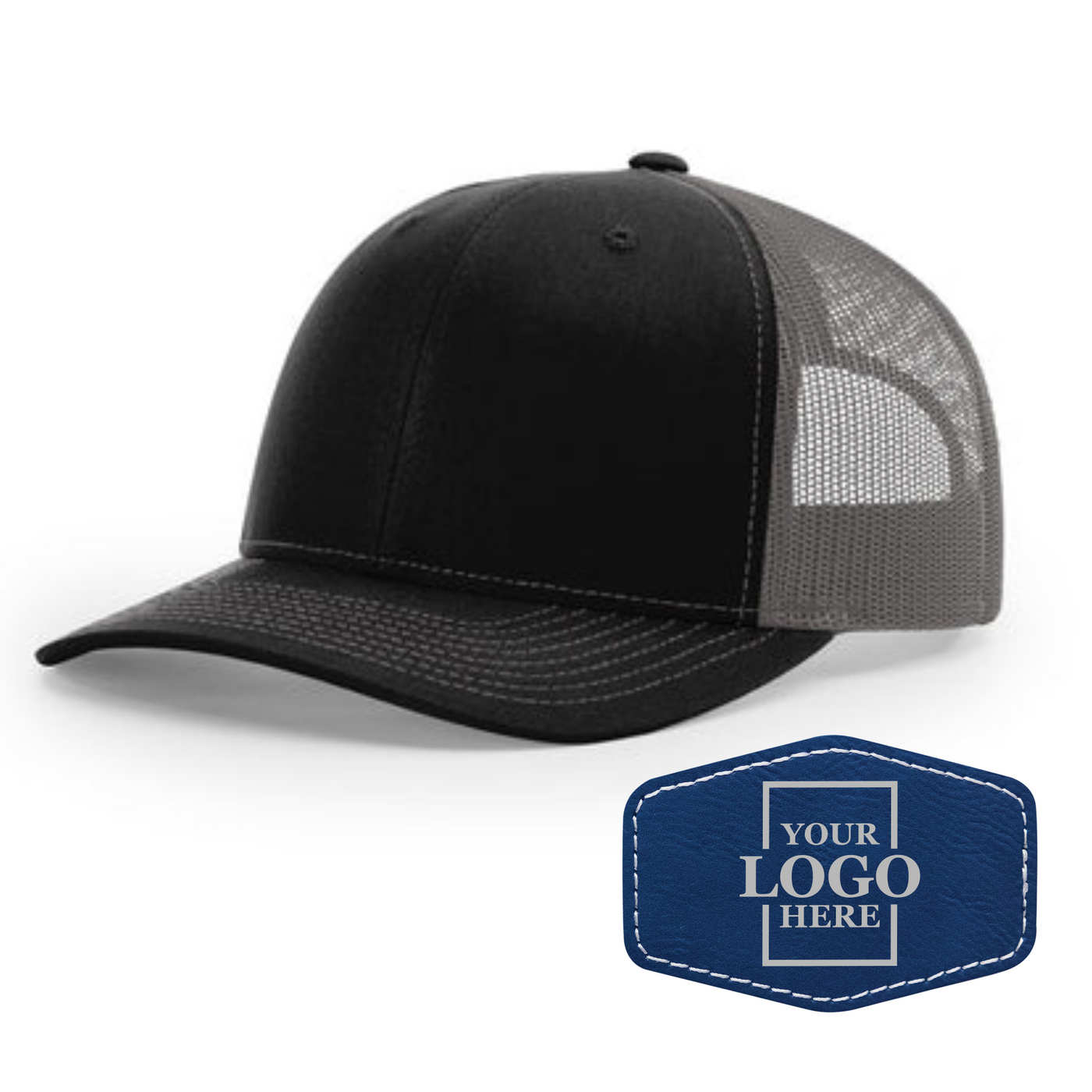 Realtor branded black and charcoal trucker snapback hat with a blue hex patch with silver engraving