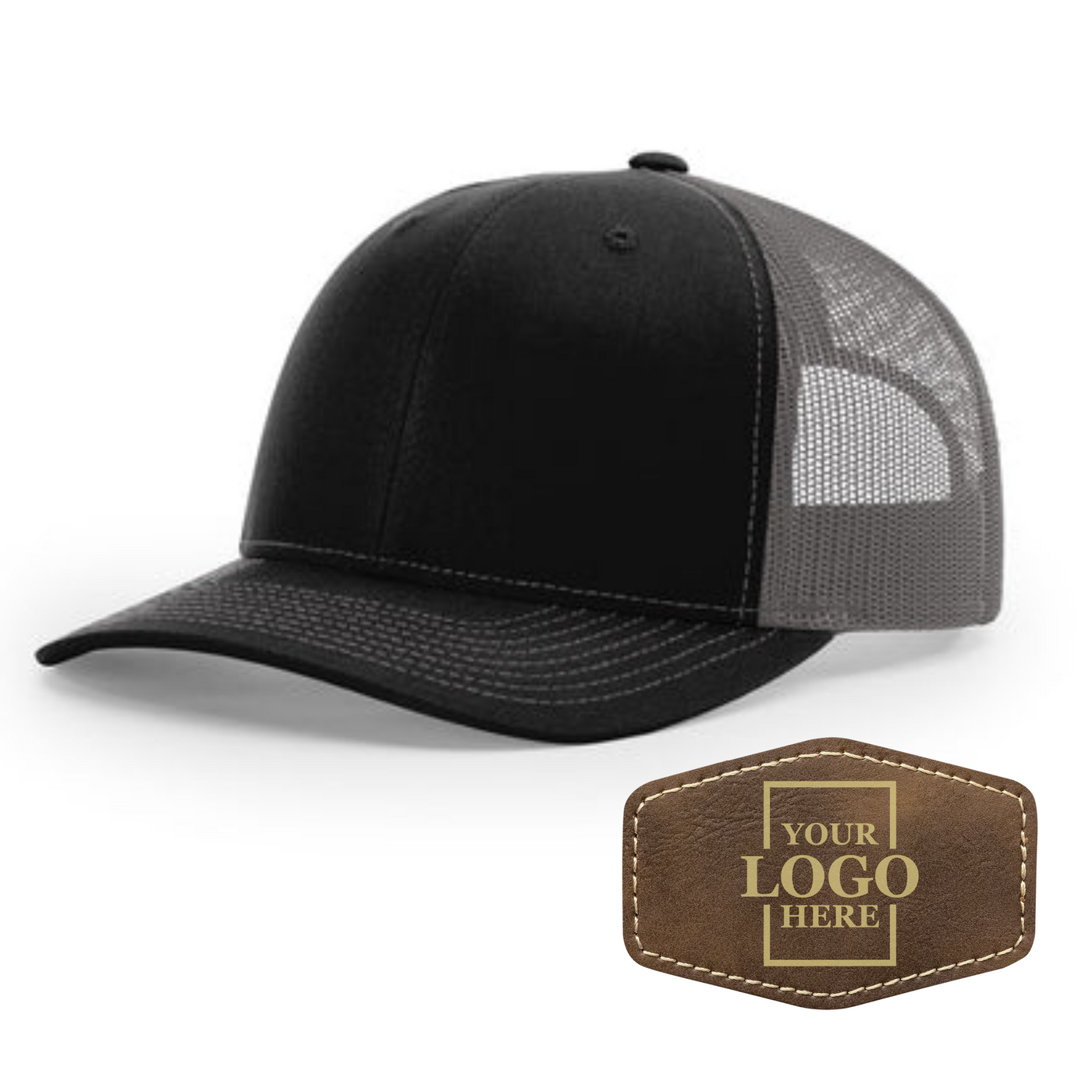Realtor branded black and charcoal trucker snapback hat with a rustic hex patch with gold engraving