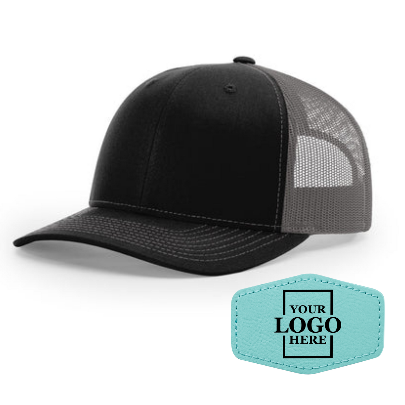 Realtor branded black and charcoal trucker snapback hat with a teal hex patch with black engraving