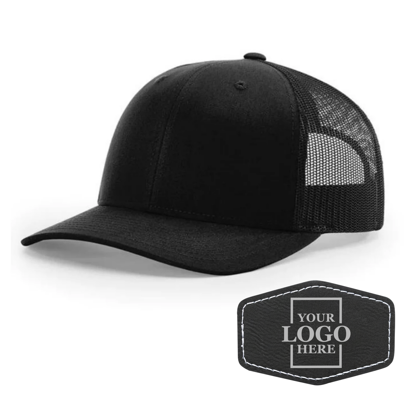 Realtor branded black trucker snapback hat with a black hex patch with silver engraving