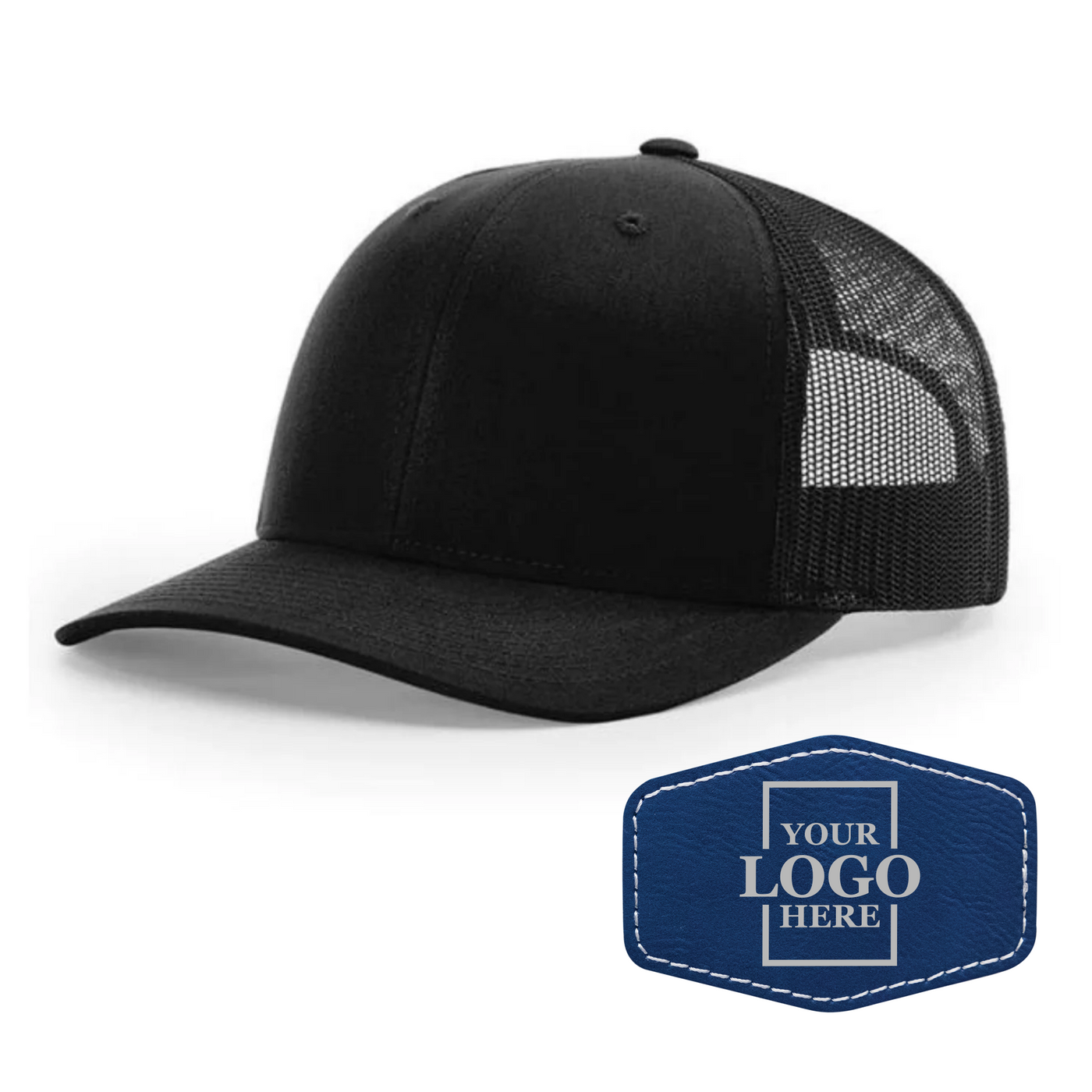 Realtor branded black trucker snapback hat with a blue hex patch with black engraving