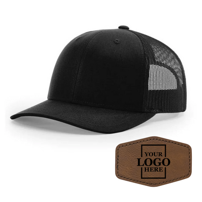 Realtor branded black trucker snapback hat with a dark brown hex patch with black engraving