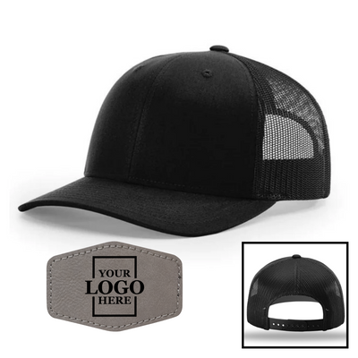 Realtor branded black trucker snapback hat with a gray hex patch with black engraving