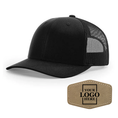 Realtor branded black trucker snapback hat with a light brown hex patch with black engraving