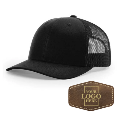 Realtor branded black trucker snapback hat with a rustic hex patch with gold engraving