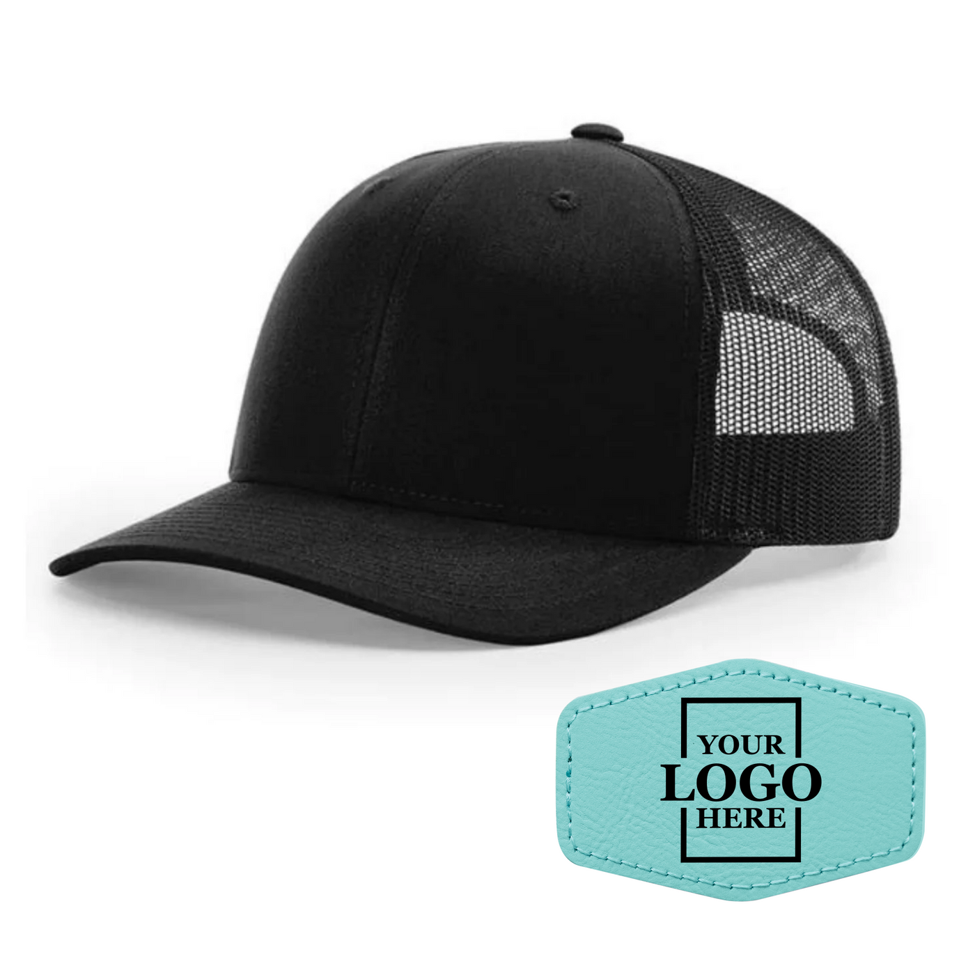 Realtor branded black trucker snapback hat with a teal hex patch with black engraving