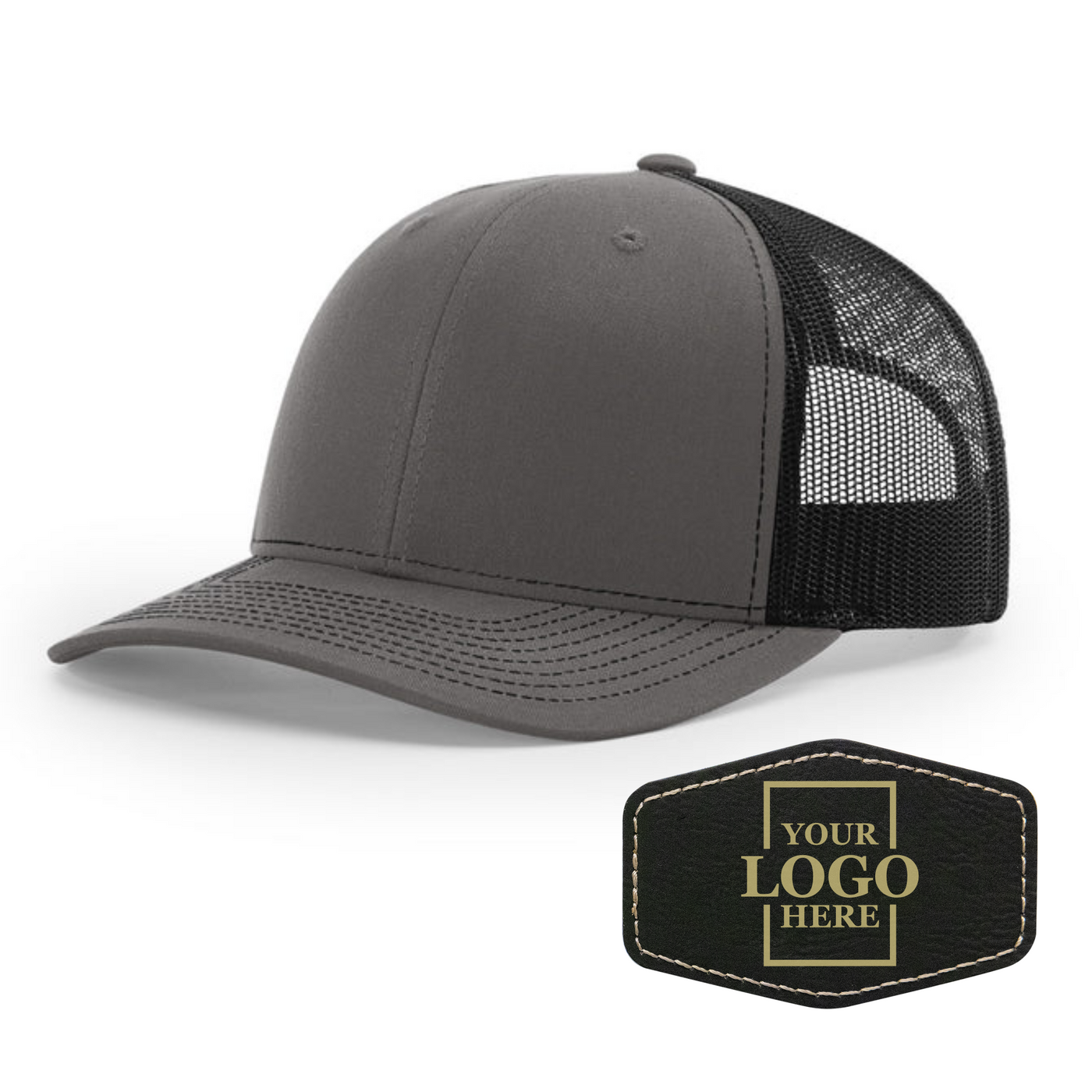 Realtor branded charcoal and black trucker snapback hat with a black hex patch with gold engraving
