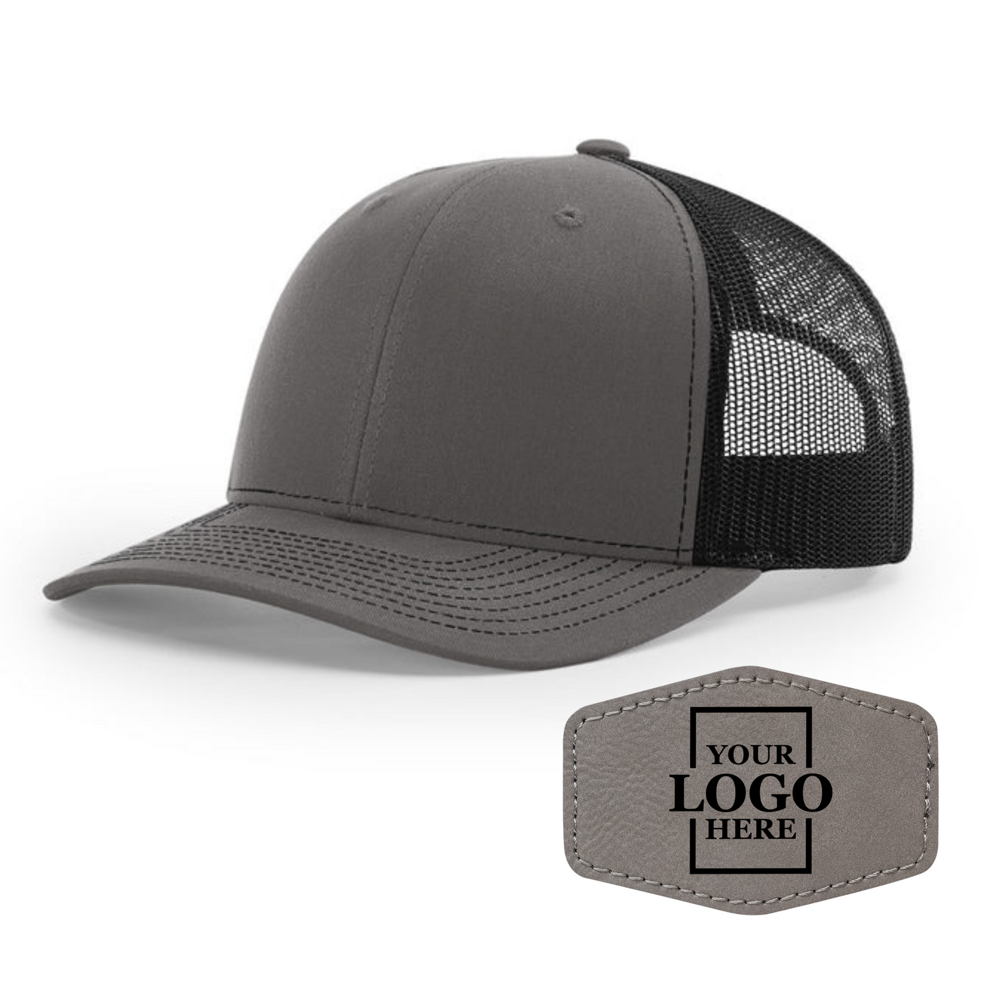 Realtor branded charcoal and black trucker snapback hat with a gray hex patch with black engraving