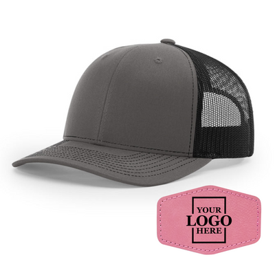 Realtor branded charcoal and black trucker snapback hat with a pink hex patch with black engraving