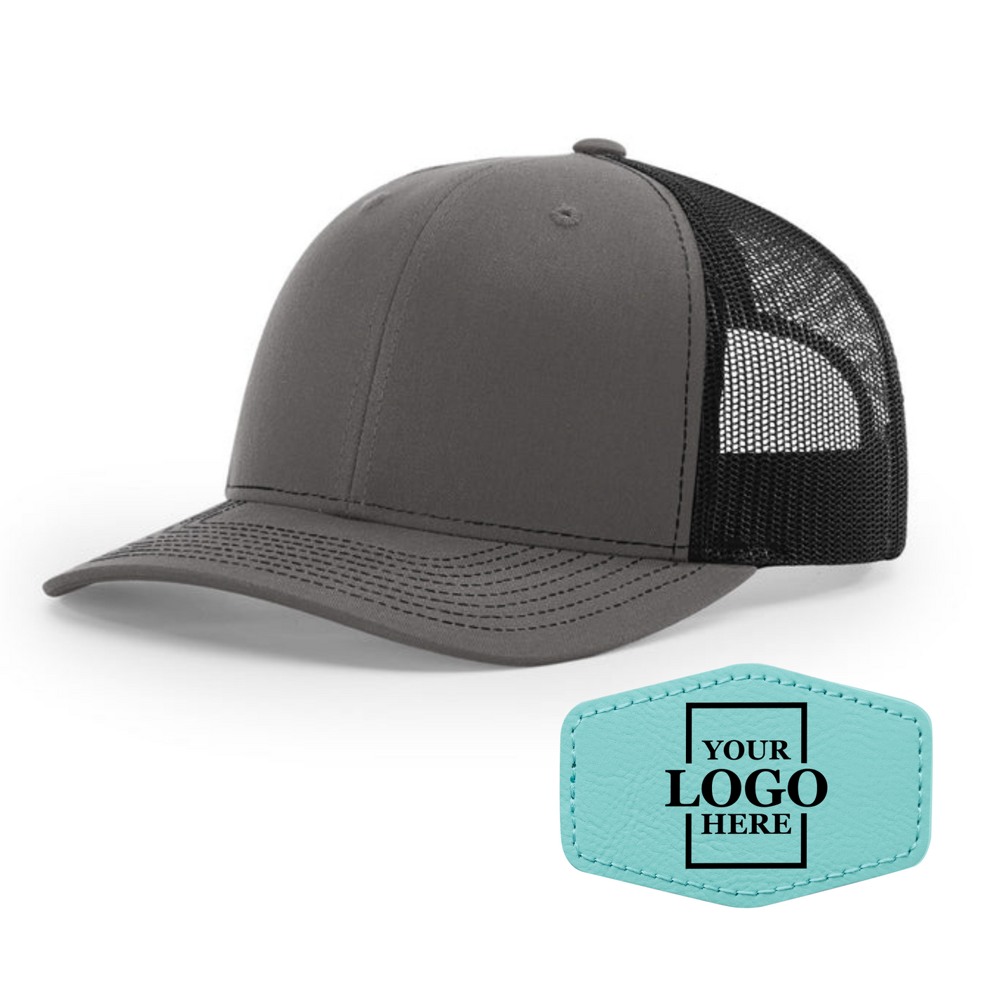 Realtor branded charcoal and black trucker snapback hat with a teal hex patch with black engraving
