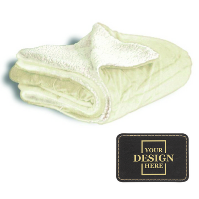 Realtor promotional gift of a custom cream throw blanket with black with gold engraved leatherette patch 