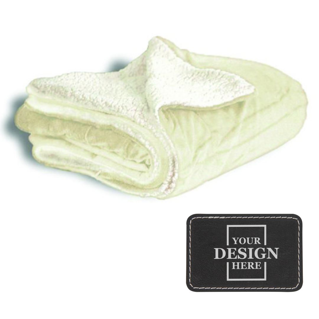 Realtor promotional gift of a custom cream throw blanket with black with silver engraved leatherette patch
