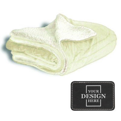 Realtor promotional gift of a custom cream throw blanket with black with silver engraved leatherette patch