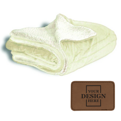 Realtor promotional gift of a custom cream throw blanket with dark brown with black engraved leatherette patch