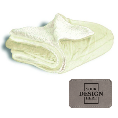 Realtor promotional gift of a custom cream throw blanket with gray with black engraved leatherette patch