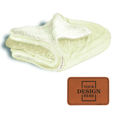 Realtor promotional gift of a custom cream throw blanket with rawhide with black engraved leatherette patch