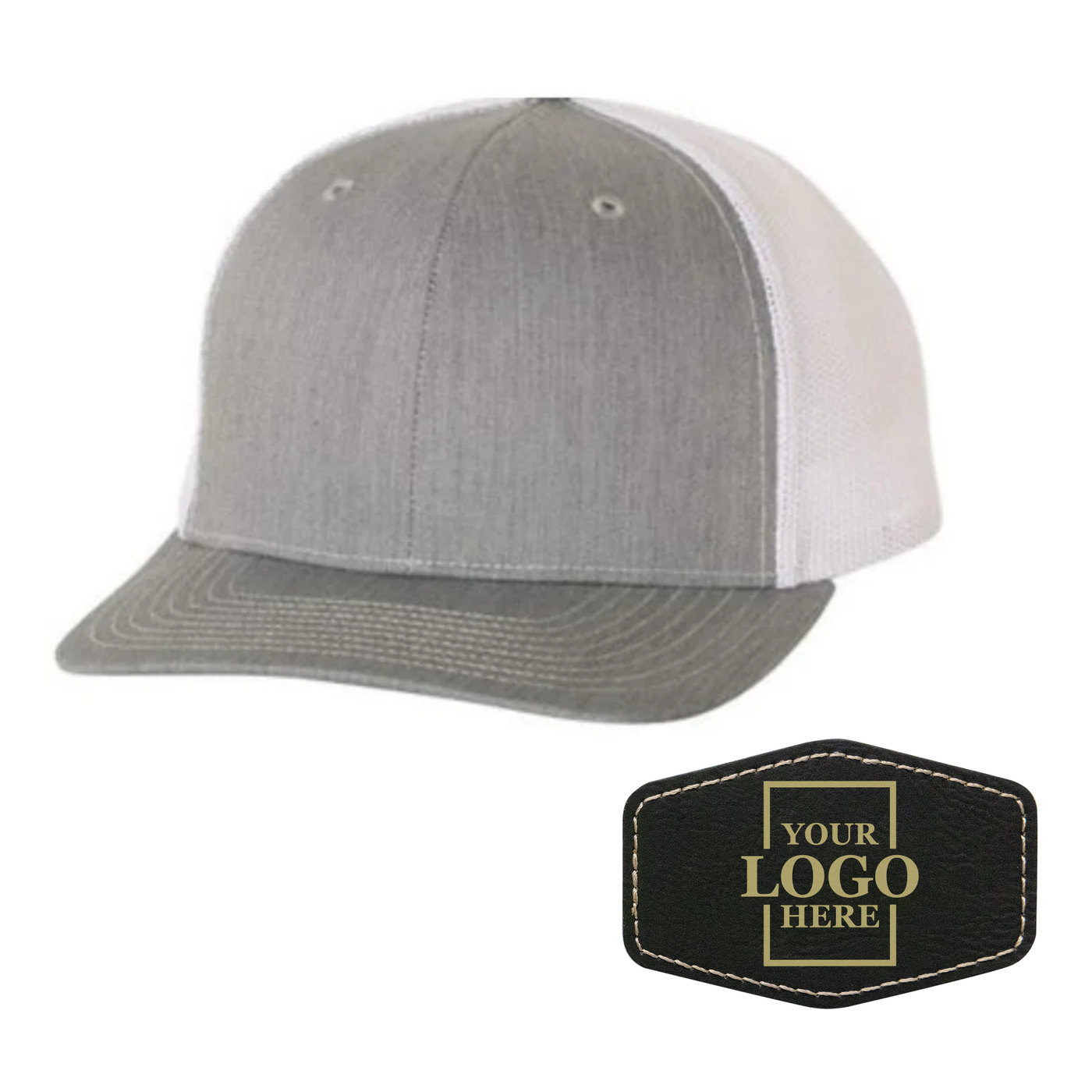 Realtor branded gray and white trucker snapback hat with a black hex patch with gold engraving