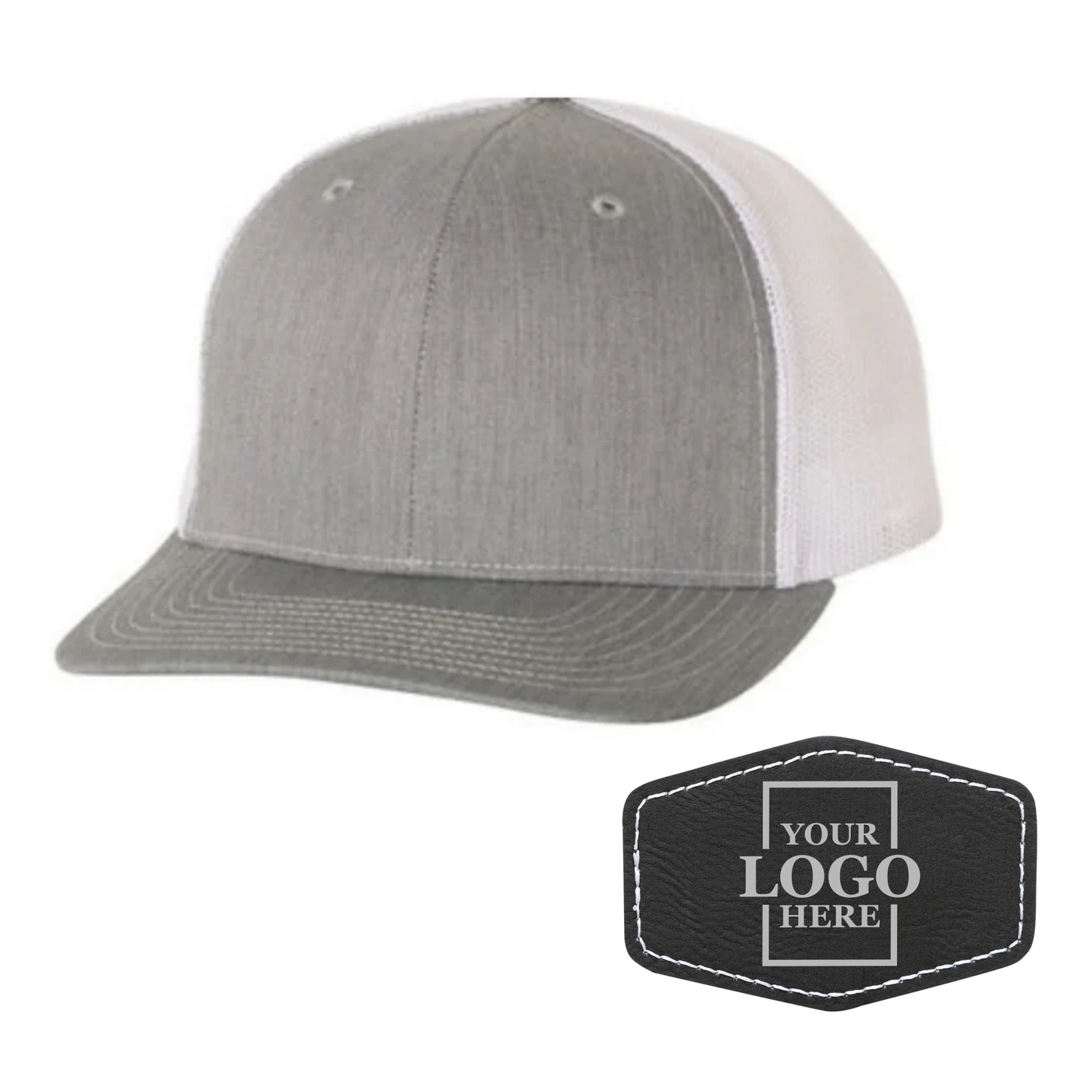 Realtor branded gray and white trucker snapback hat with a black hex patch with silver engraving