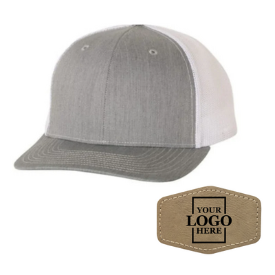 Realtor branded gray and white trucker snapback hat with a light brown hex patch with black engraving