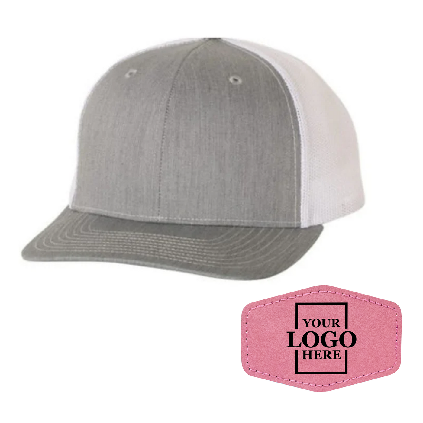 Realtor branded gray and white trucker snapback hat with a pink hex patch with black engraving