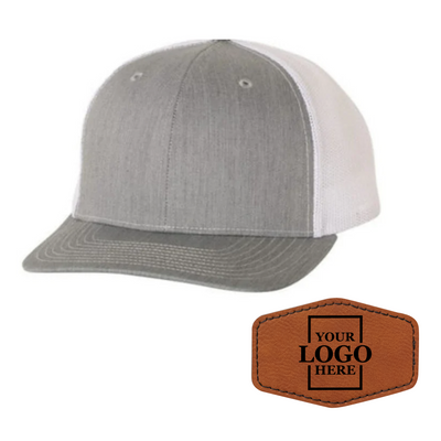 Realtor branded gray and white trucker snapback hat with a rawhide hex patch with black engraving