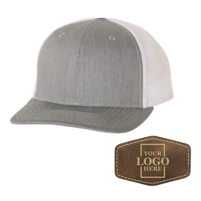 Realtor branded gray and white trucker snapback hat with a rustic hex patch with gold engraving