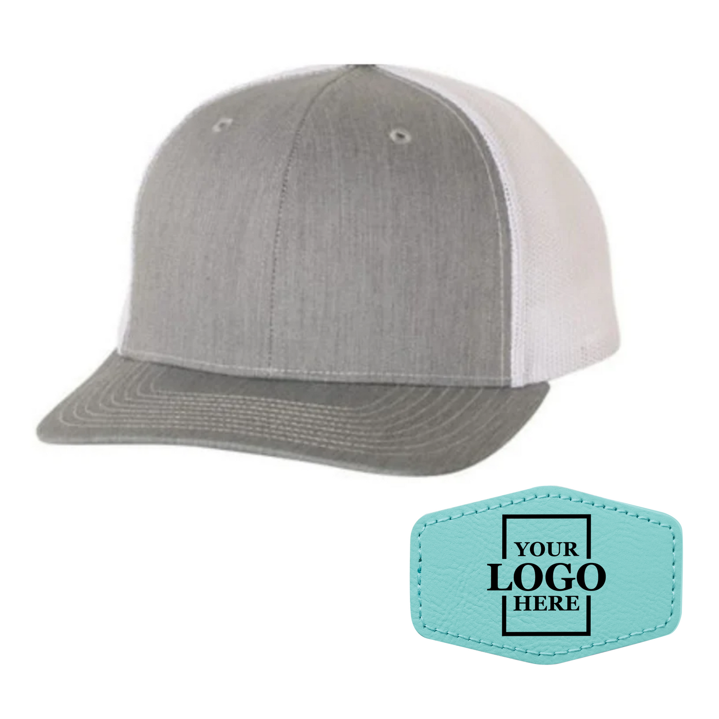Realtor branded gray and white trucker snapback hat with a teal hex patch with black engraving