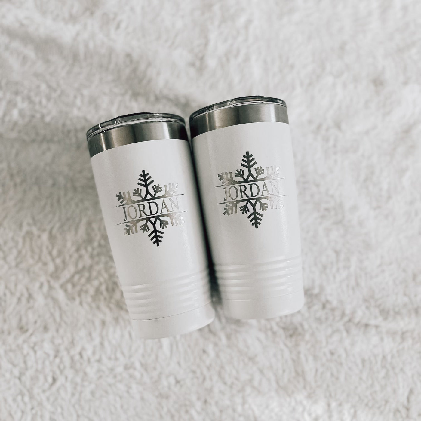 Real estate holiday closing gift name inside snowflake on white tumbler with silver engraving