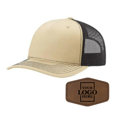 Realtor branded khaki and coffee trucker snapback hat with a dark brown hex patch with black engraving