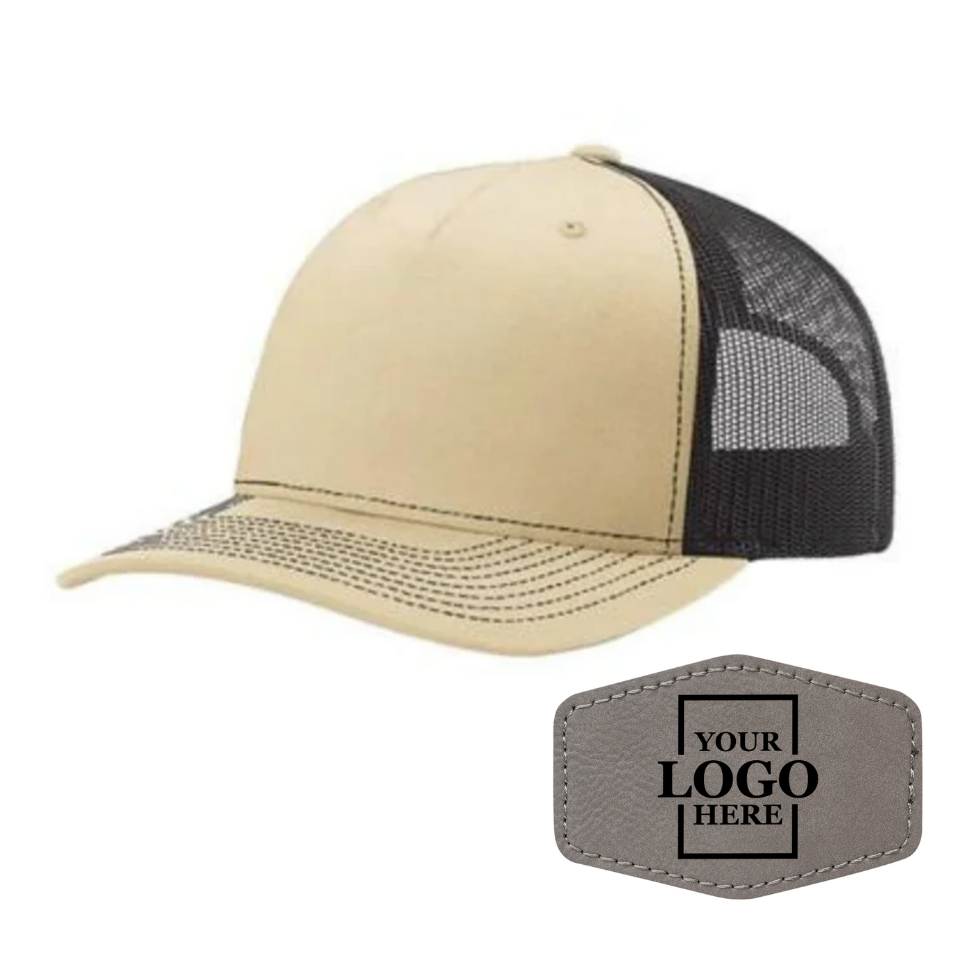 Realtor branded khaki and coffee trucker snapback hat with a gray hex patch with black engraving