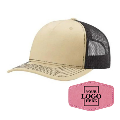 Realtor branded khaki and coffee trucker snapback hat with a pink hex patch with black engraving