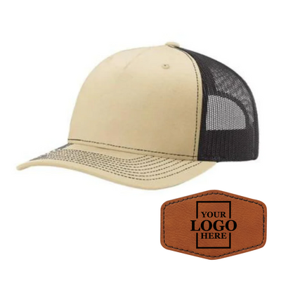 Realtor branded khaki and coffee trucker snapback hat with a rawhide hex patch with black engraving