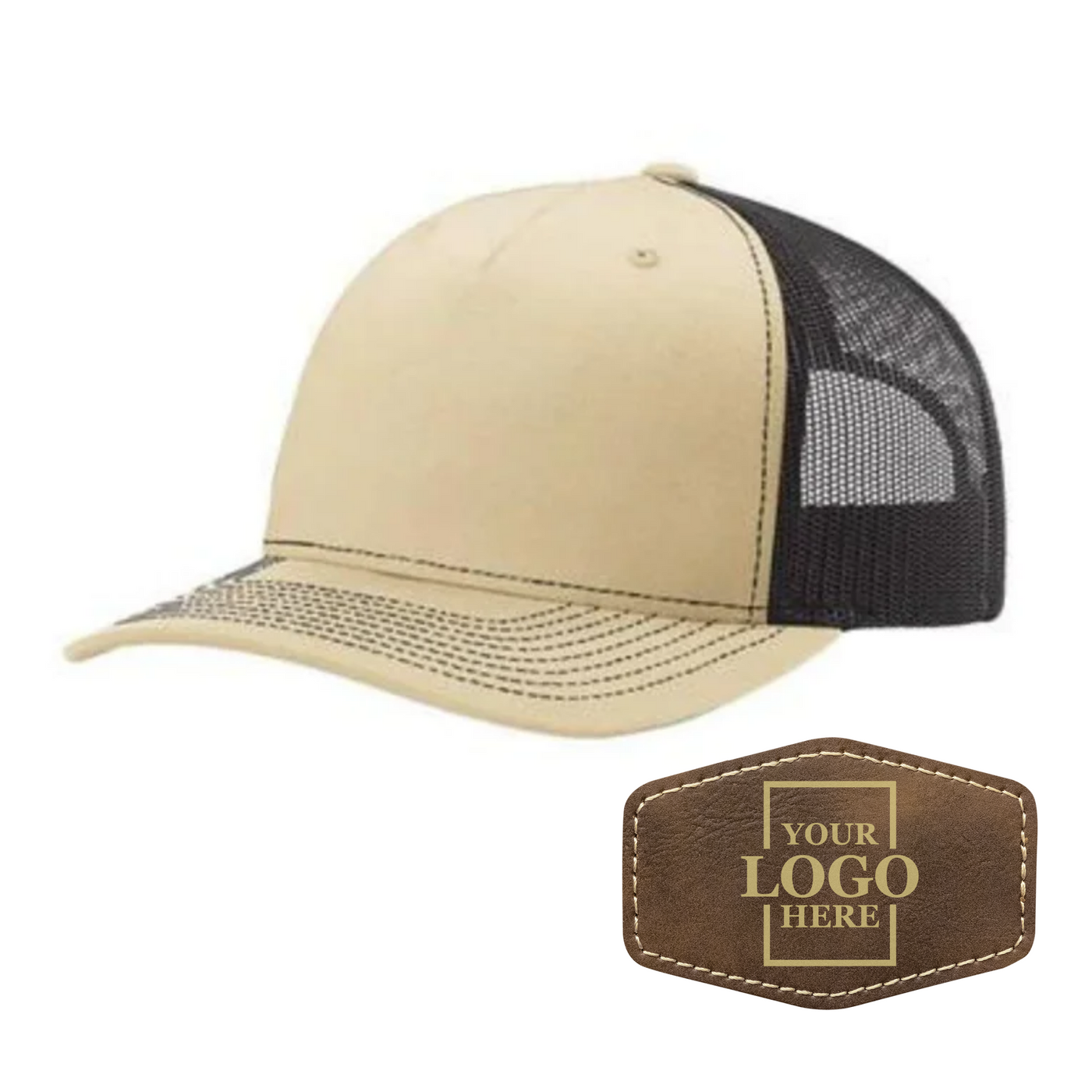 Realtor branded khaki and coffee trucker snapback hat with a rustic hex patch with gold engraving