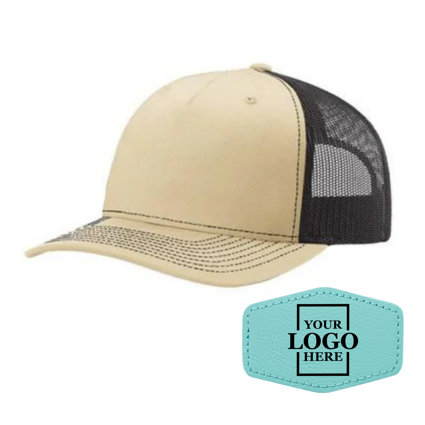 Realtor branded khaki and coffee trucker snapback hat with a teal hex patch with black engraving