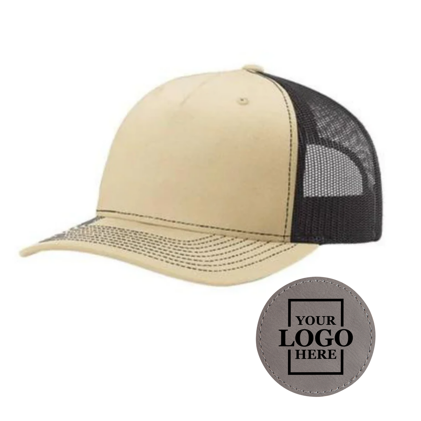 Realtor branded khaki and coffee trucker snapback hat with a round gray patch with black engraving