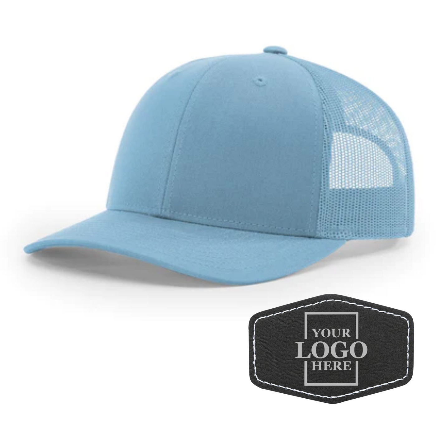 Realtor branded light blue trucker snapback hat with a black hex patch with silver engraving