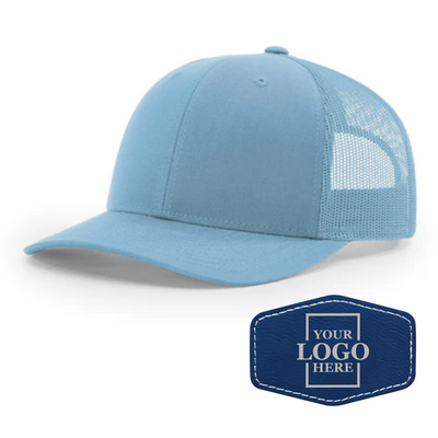 Realtor branded light blue trucker snapback hat with a blue hex patch with silver engraving