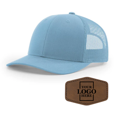 Realtor branded light blue trucker snapback hat with a dark brown hex patch with black engraving