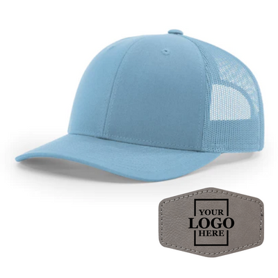 Realtor branded light blue trucker snapback hat with a gray hex patch with black engraving
