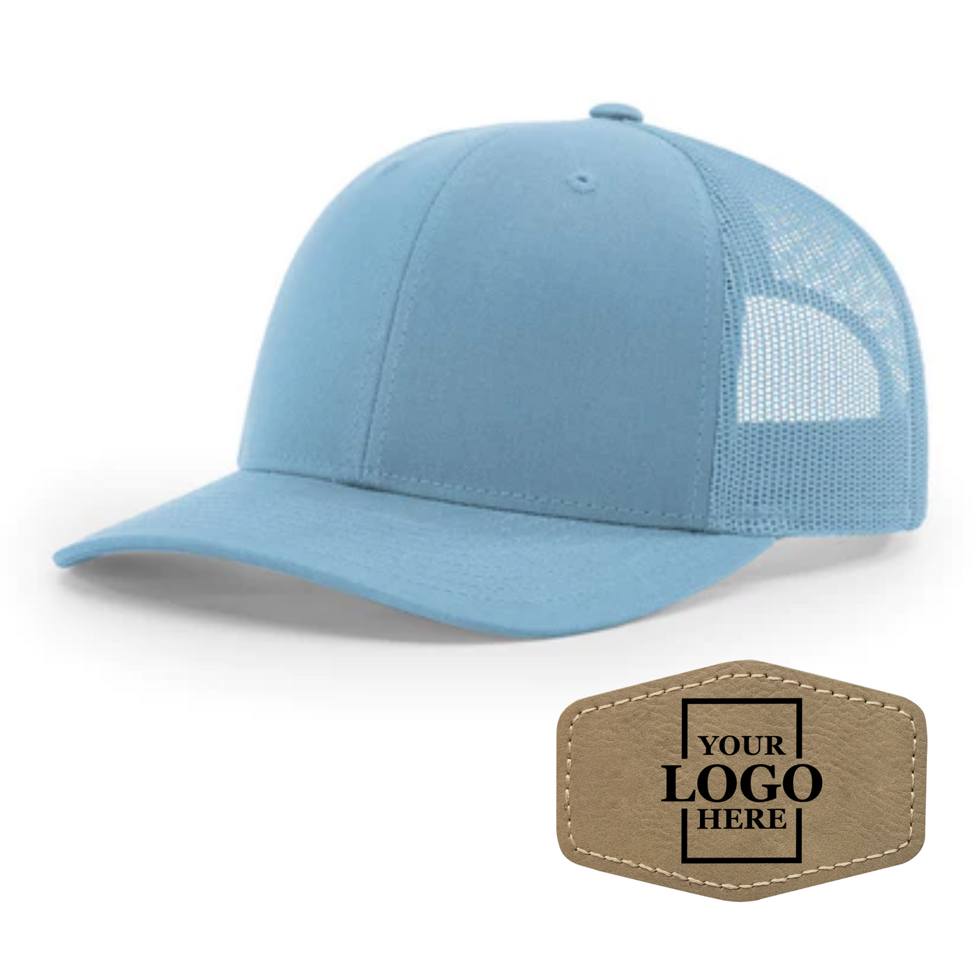 Realtor branded light blue trucker snapback hat with a light brown hex patch with black engraving