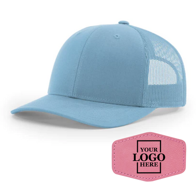 Realtor branded light blue trucker snapback hat with a pink hex patch with black engraving