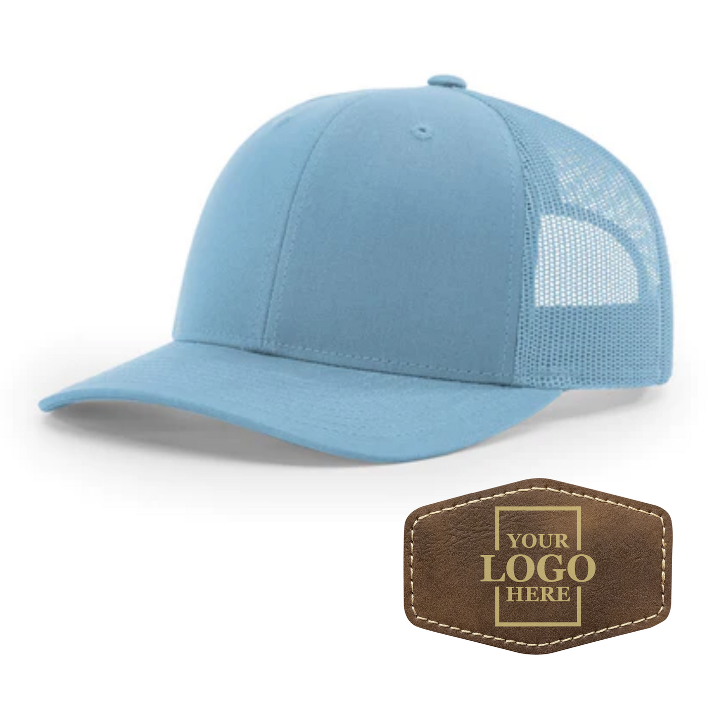 Realtor branded light blue trucker snapback hat with a rustic hex patch with gold engraving