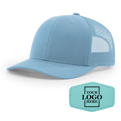 Realtor branded light blue trucker snapback hat with a teal hex patch with black engraving