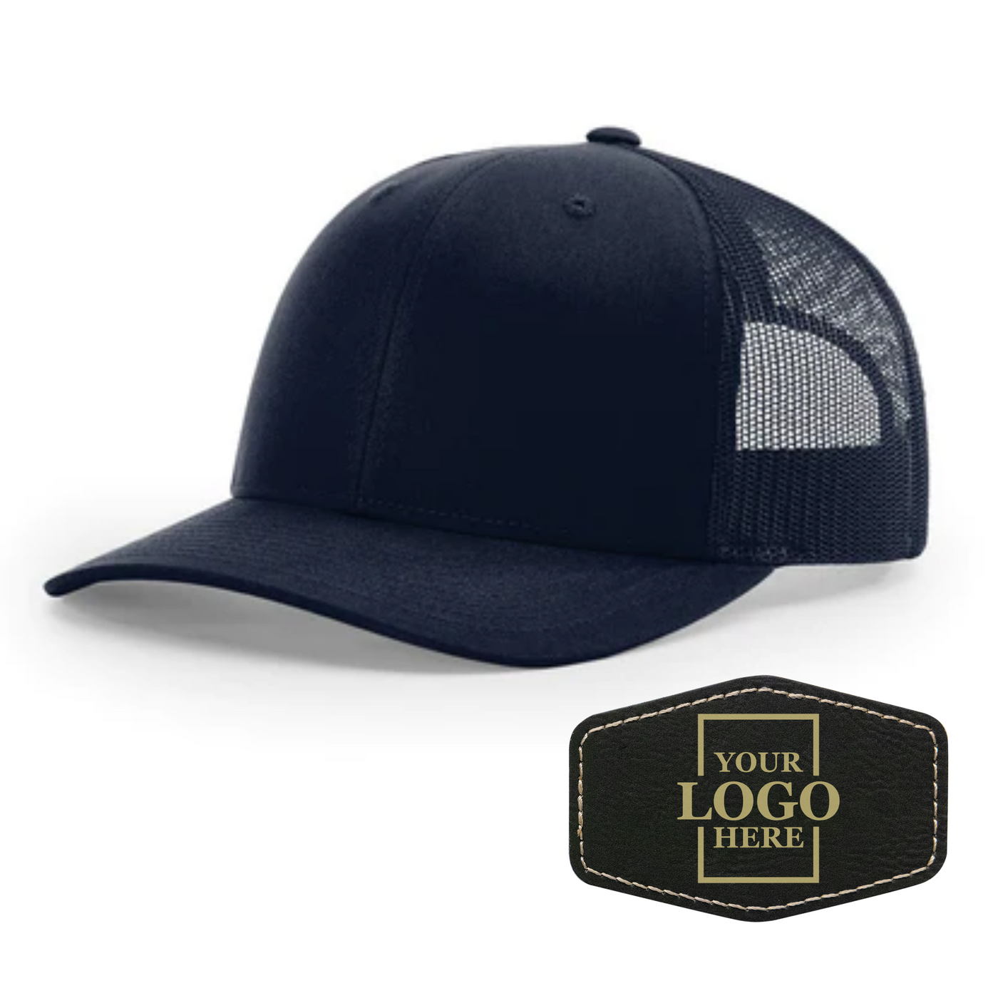 Realtor branded navy trucker snapback hat with a black hex patch with gold engraving