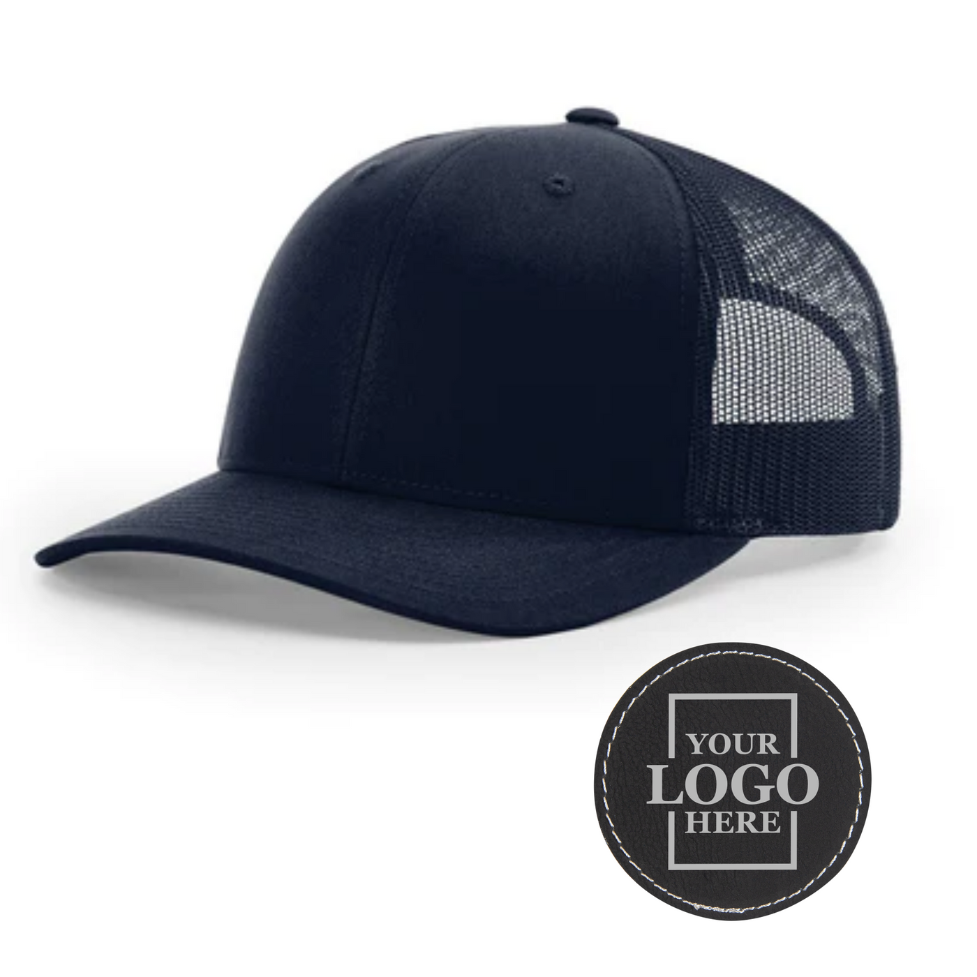 Realtor branded navy trucker snapback hat with a round black patch with silver engraving