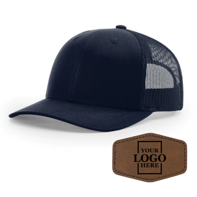 Realtor branded navy trucker snapback hat with a dark brown hex patch with black engraving