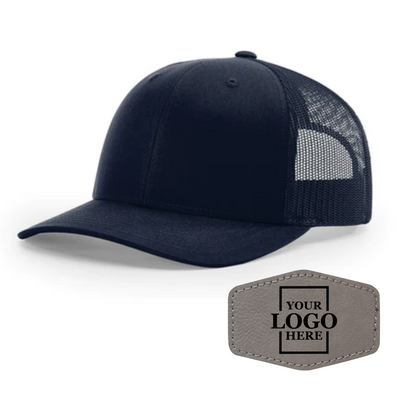 Realtor branded navy trucker snapback hat with a gray hex patch with black engraving